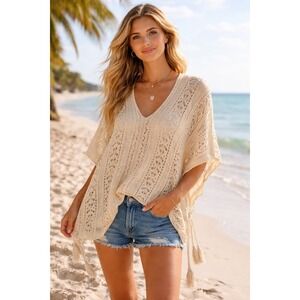 Cream Crochet Lace-Up Boho Tunic Top OS Oversized Festival Cottagecore Romantic